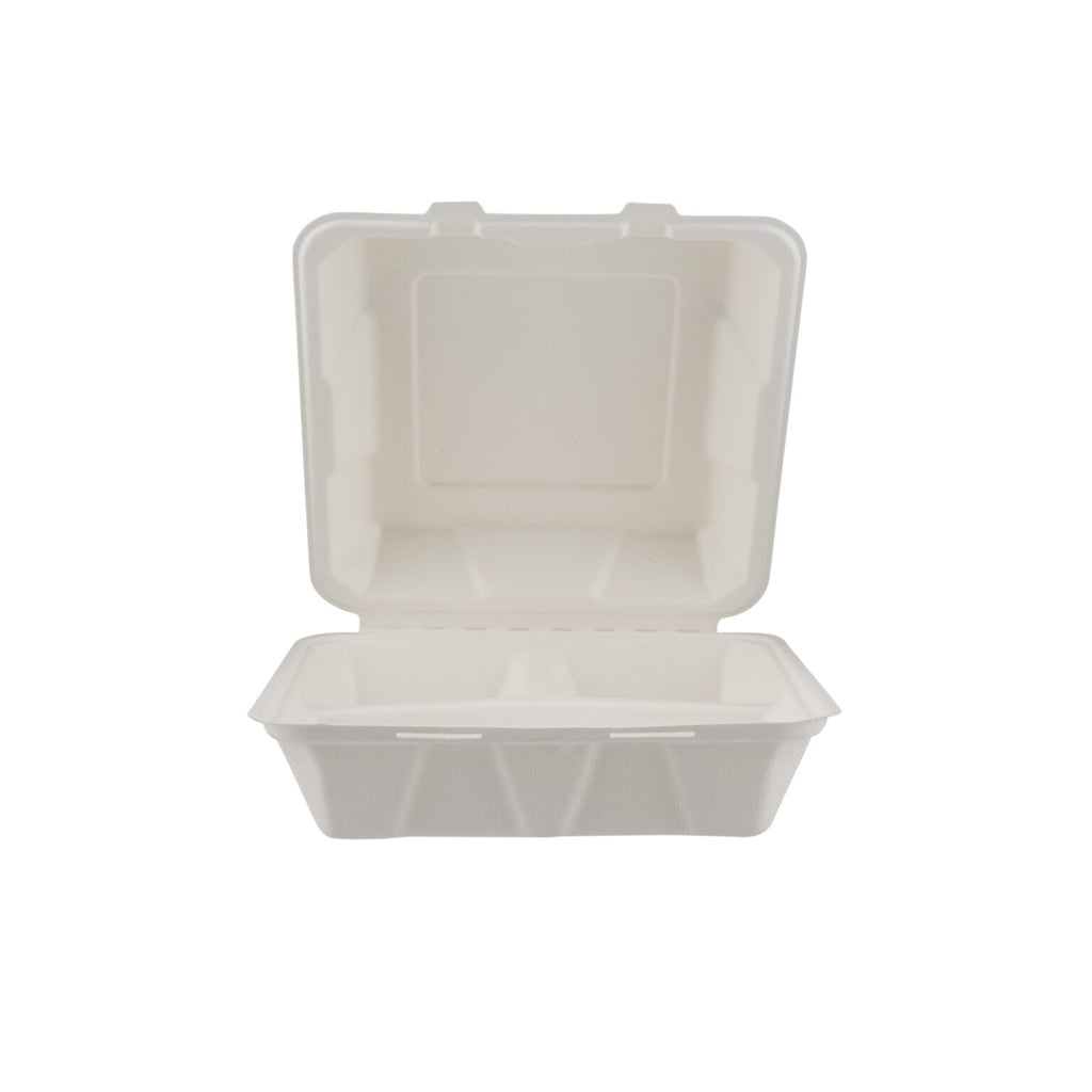9″ X 9″ 3-COMPARTMENT BIODEGRADABLE BAGASSE CLAMSHELL