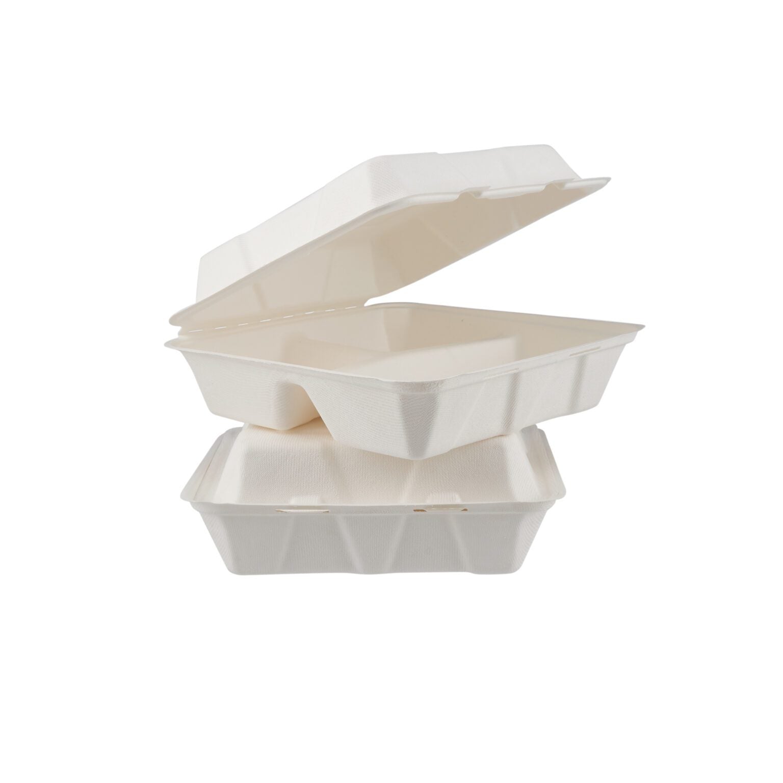 9″ X 9″ 3-COMPARTMENT BIODEGRADABLE BAGASSE CLAMSHELL