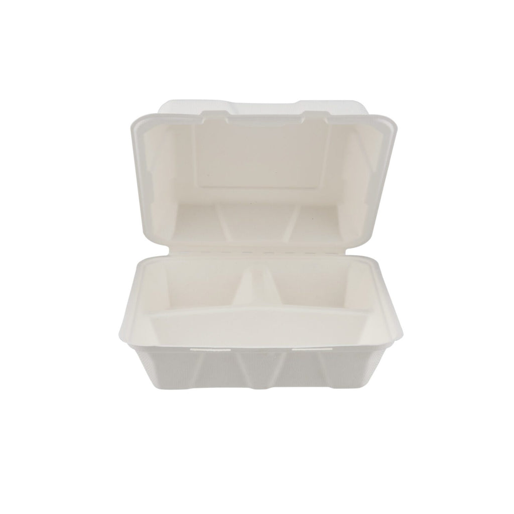 9″ X 9″ 3-COMPARTMENT BIODEGRADABLE BAGASSE CLAMSHELL