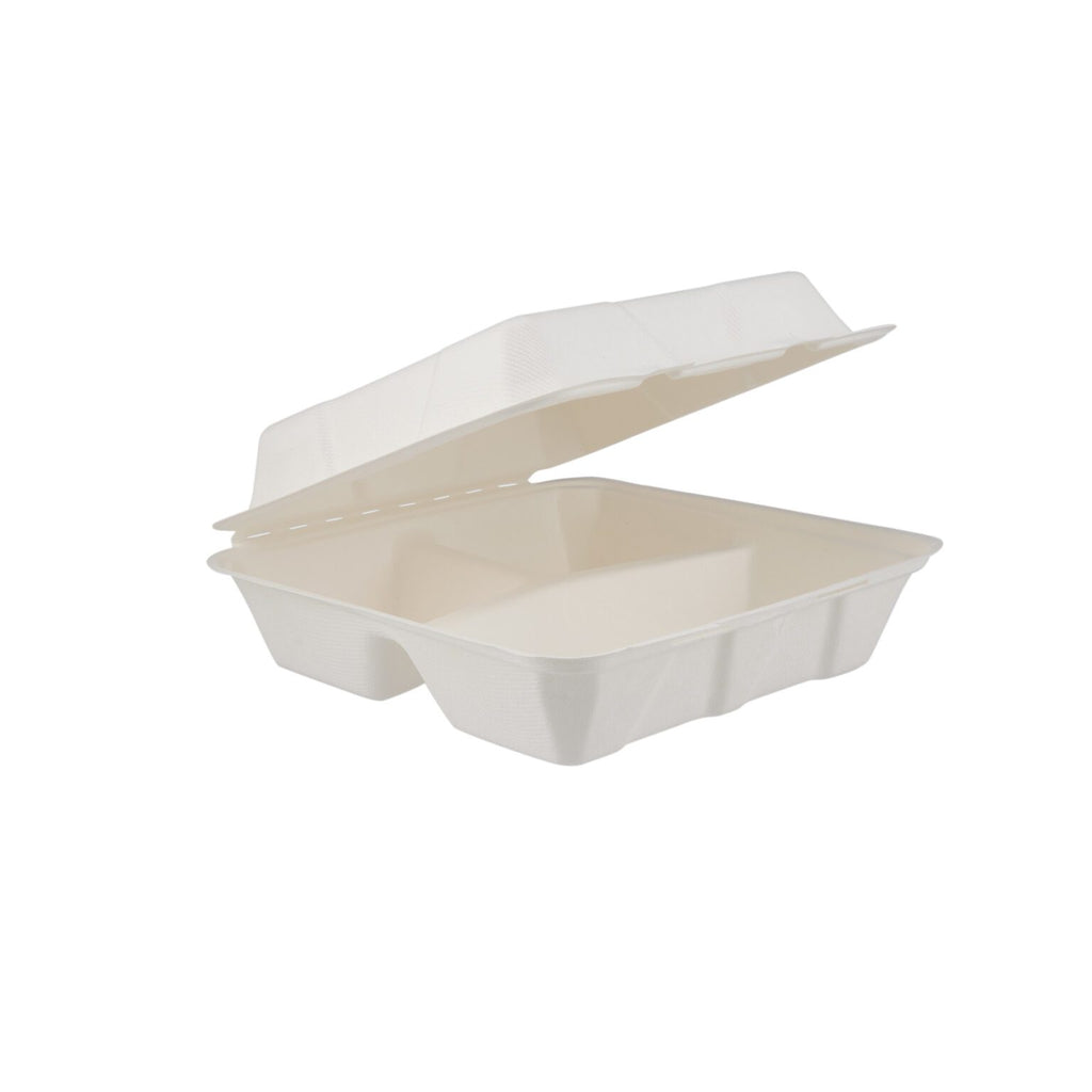 9″ X 9″ 3-COMPARTMENT BIODEGRADABLE BAGASSE CLAMSHELL