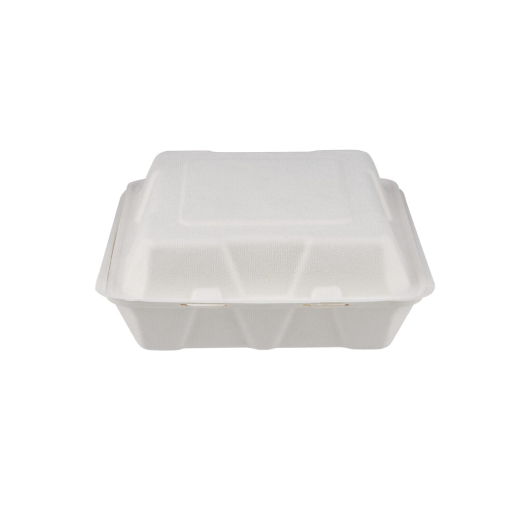 9″ X 9″ 3-COMPARTMENT BIODEGRADABLE BAGASSE CLAMSHELL